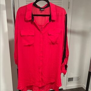 a.n.a Hot Pink Button-Front Blouse with Black Sleeve Stripe